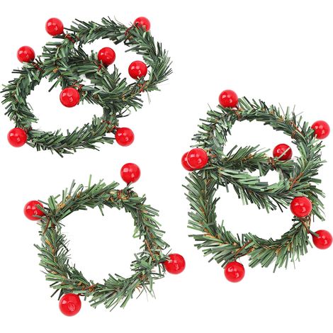 Lot de 12 mini couronnes de Noël avec anneaux pour bougies piliers et bougies coniques, baies artificielles et herbe, décorations de table pour les fêtes. (1/5)