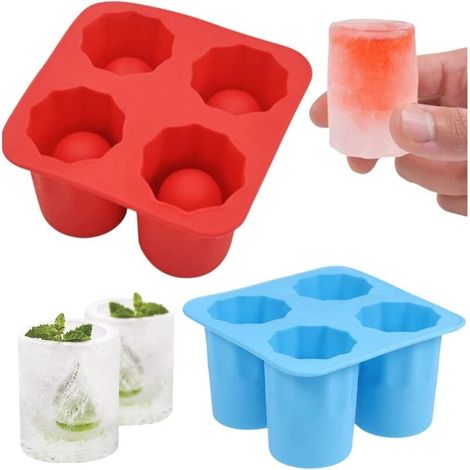 Set mit 2 Silikon-Eiswürfelformen – 4 große, becherförmige Eiswürfel – Sommer-Getränkezubehör (rot + blau) (1/5)