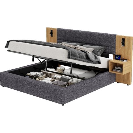 Polsterbett 160x200 cm mit Stauraum und 2 Nachttischen, hydraulisches Doppelbett aus Samt in Grau, inkl. USB-Anschluss und Beleuchtung (1/5)