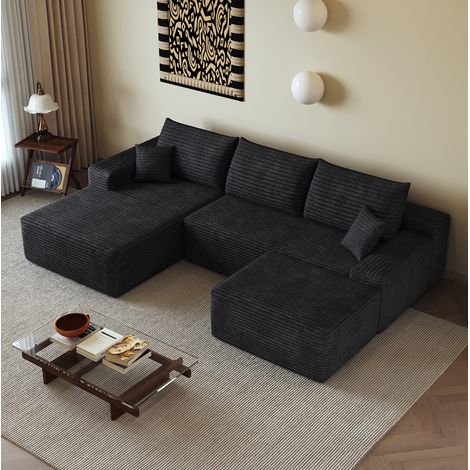 Sofá de esquina modular 270 cm con chaise longue en L, tejido acanalado negro, sin montaje DESVIAE (1/5)