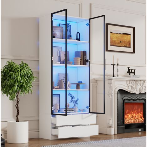 Vetrina 80x34x200 cm, con luci LED, 2 ante in vetro, 2 cassetti, struttura in MDF, bianco (1/5)