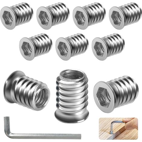 Insert Fileté Bois M6 x 10mm, 10 Pièces Douille Filetée Visser Écrous, Inserts D'écrou Ecrou Hexagonal pour Meubles en Acier au Carbone Zinc Intérieur Manchons a Visse Vis Tête (1/5)