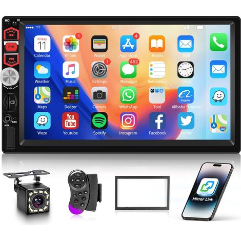 Autoradio Double DIN Bluetooth avec écran Tactile 7 Pouces 2 DIN Compatible Mirror Link/Radio FM/USB/TF/AUX SWC, Poste Radio Voiture Ecran Lecteur Multimédia MP5 avec Caméra de Recul (1/5)