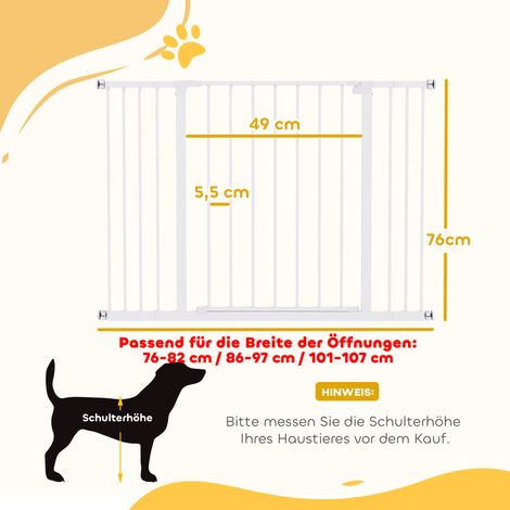 Barrière de sécurité PawHut pour escalier, avec extension de 10/15 cm, sans perçage, pour largeurs 76-82/86-97/101-107 cm, ouverture à une main, acier, blanc (1/5)