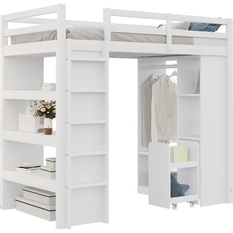 Cama Alta 90 x 200 Cm Con Estantes, Perchero Y Carrito Extraíble, Sin Colchón, De Madera, Blanco (1/5)