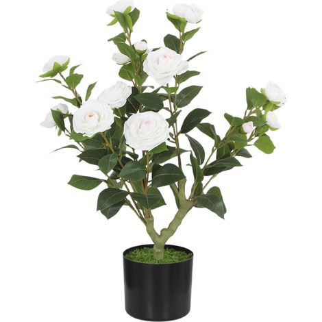 Camélia artificiel de 65 cm en pot, orné de fleurs en soie réalistes et de 116 feuilles à effet mousse blanche. (1/5)