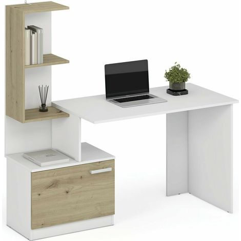 Mesa de oficina Houston 1948, Blanco + Roble Artisan, Con puertas, Número de puertas: 0, Número de cajones: 0, 75x144x60cm