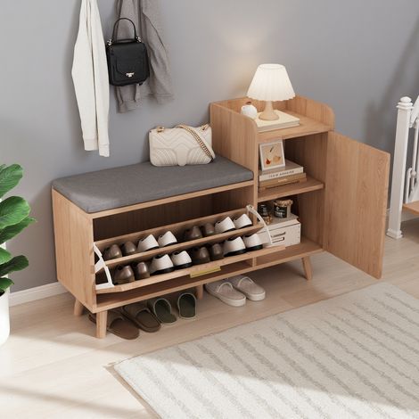 Meuble à Chaussures - Meuble d'entrée Rangement pour Chaussures - Banc de Rangement à Chaussures avec abattant - 100 x 30 x 69,5 cm - Bois Naturel (1/5)