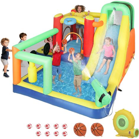 9-in-1 Aufblasbare Hüpfburg mit Gebläse Rutsche Planschbecken Wasserpistole für 3-8 Jahre 330x290x185 cm Mehrfarbig