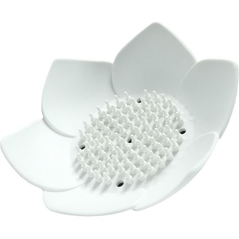 Porte-savon en silicone blanc, en forme de pétale, avec égouttoir intégré. (1/5)