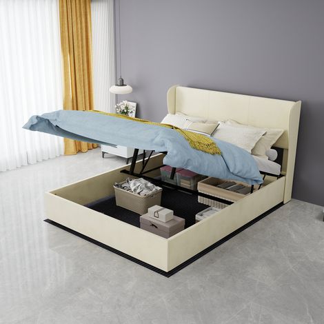 Cama doble 140x200 cm de tela beige con almacenaje elevable, sin colchón – MEUBLIV (1/5)