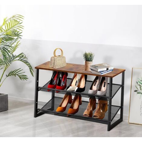 étagère à Chaussures, Meubles à Chaussures à 2 Niveaux, Porte-Chaussures, Plat ou Incliné, Étagère de Rangement pour Entrée, Salon, Chambre, Couloir, Cadre en Métal, Marron et Noir