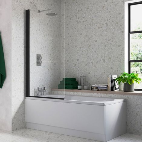 Signature Single Square Hinged Bath Screen 1400mm High x 800mm Wide - Black (1/4)