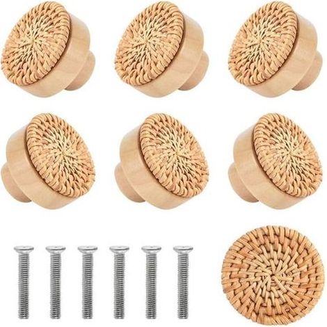 8 Pieces Rattan Kitchen Cabinet Knobs Kitchen Furniture Handles Door Knobs Furniture Drawer Cupboard, Round Wooden Drawer Pulls for Kitchen Bedroom Dresser Cupboard Door Replacement, 30mm (1/5)