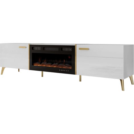Meuble TV Comfivo Capella III, Blanc + Blanc brillant, Le nombre de portes: 0, Nombre de tiroirs: 0, 214x50x38cm