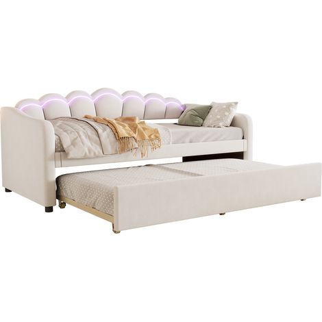 Letto estraibile 90x200 cm in velluto beige con LED ambiente, struttura MDF, rete a doghe e letto supplementare per piccoli spazi CHICFURN (1/5)