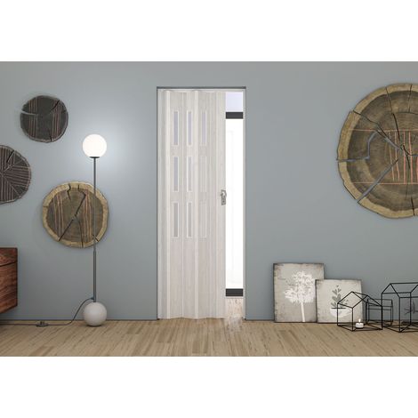 Porta a Soffietto da Interno Maya 83x214 cm Made in Italy in PVC con Vetro Satinato Pino Bianco