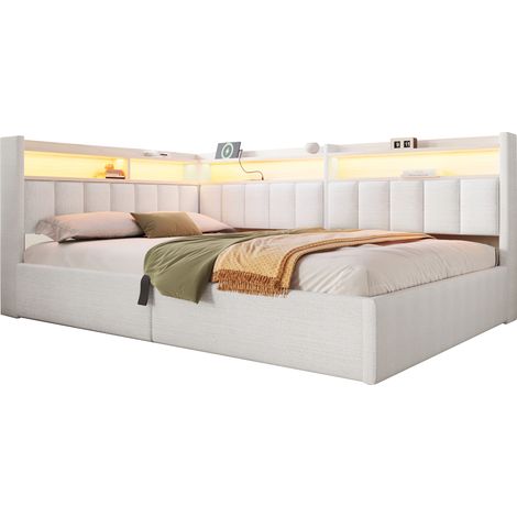 Lit banquette 140x200 cm blanc crème en velours avec rangement hydraulique, LED, USB et meuble latéral montable à gauche ou à droite (1/5)