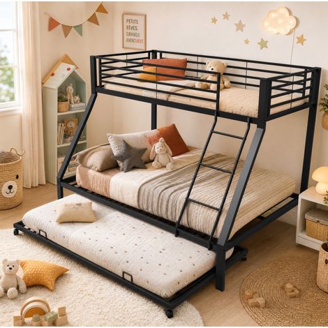 Etagenbett mit Ausziehbett 90/140 x 200 cm, Metall, schwarz HAVRYA (1/5)