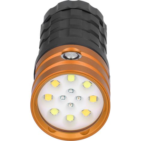 Lampe torche de plongée professionnelle 12 LED, 10 000 lm, 10 000 m, pour la photographie sous-marine (étanchéité jusqu'à 100 m), couleur orange. (1/5)