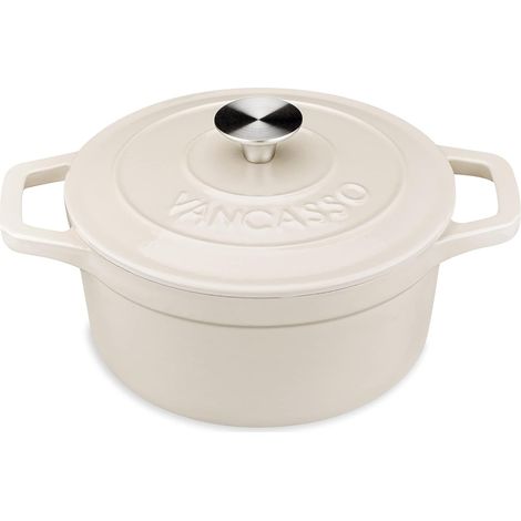 Round Enamelled Cast Iron Casserole Dish 2L, 20 cm x 9.5 cm, 3.4 kg, Stock Pot with Lid for All Hobs Including Induction Beige (1/5)