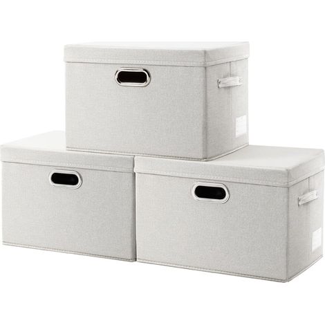 Boîte de rangement pliable - Lot de 3 - Lin et polyester - Avec couvercle et poignées - Pour placard et étagère - Beige (43x30x30cm) (1/5)