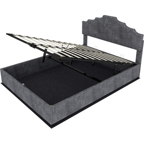 Cama canapé 140 x 200 cm gris de tela con cabecero capitoné y colchón incluido (1/5)