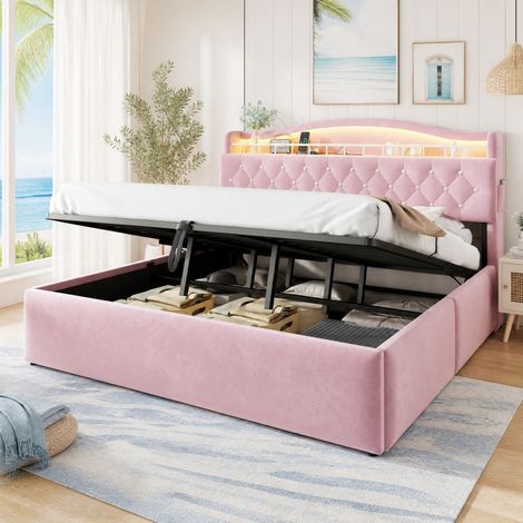 Lit double adulte 180x200 cm en tissu rose, gain de place pour chambre, sans matelas FloraGrace (1/5)