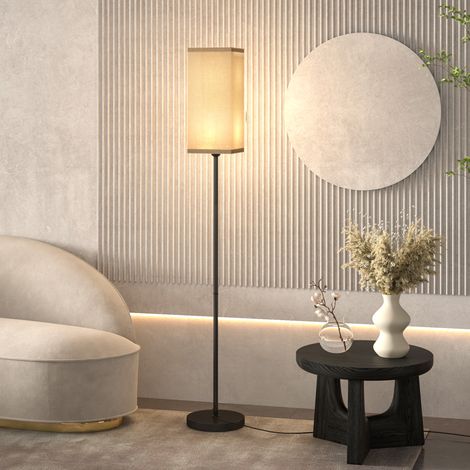 Stehlampe für das Wohnzimmer mit beigefarbenem Lampenschirm in Leinenoptik, Fußschalter, Ø 25 x 161,5 cm, schwarz