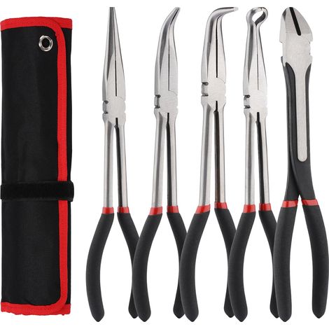Lot de 5 pinces à bec aiguille extra long, 27,9 cm de long, droites, bec courbé de 45 et 90 degrés, pince à bec circulaire et pince diagonale pour espaces étroits et zones limitées (1/5)