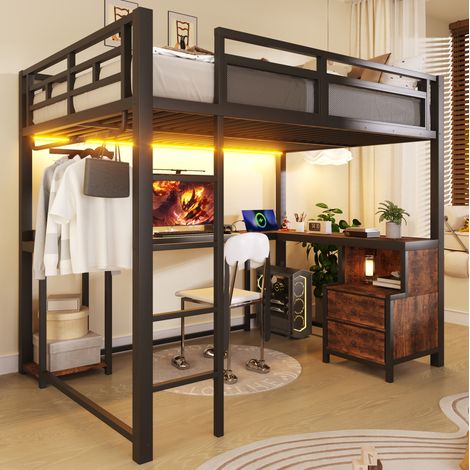 Cama alta 140/200 cm de metal y madera en negro con LED, escritorio, estantes y barra para ropa (1/5)