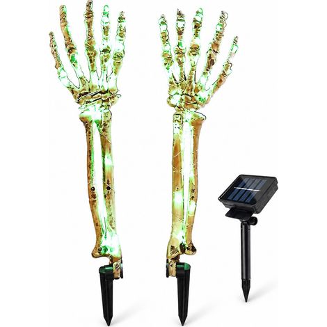 Lampes solaires LED mains squelettiques, 2 piquets verts étanches pour jardin et décoration d’Halloween (1/5)