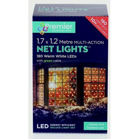 Premier 1.7m x 1.2m 180 LED Multi Action Christmas Net Window Light - Warm White