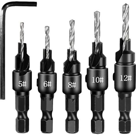 Set mit 5 Schnellwechsel-Kegelfräsern, 6,35 mm Sechskantschaft, verstellbare Bohrer mit Sechskantschlüssel für schnellen Wechsel, Holz, Lochsäge für die Holzbearbeitung (1/4)