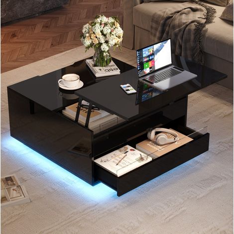 Table basse 70x70x38 cm noire avec plateau relevable, LED et rangement, panneaux de bois MEUBLIV (1/5)
