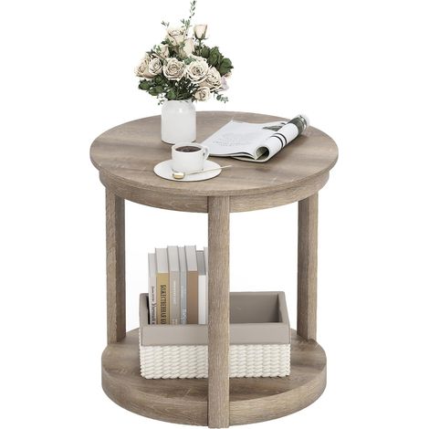 GOPLUS Table Basse Ronde à 2 Niveaux, Table de Chevet en Bois de Caoutchouc et MDF, Structure Robuste, Pieds Antidérapants, Polyvalente, pour Chambre,Charge 90 +68KG, 60,5 x 61CM (Gris) (1/2)