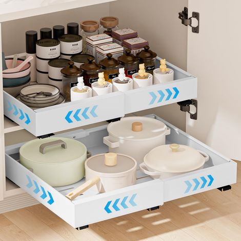 Cassetto scorrevole da cucina, cassetto telescopico estensibile, organizer per armadietti scorrevoli, ripiano telescopico per riporre gli armadietti della cucina (bianco)