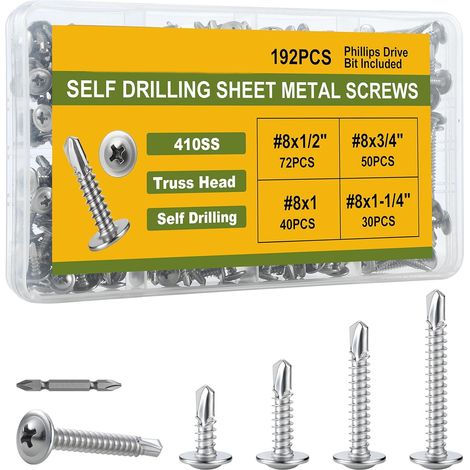 Coffret de 192 Vis Autoperceuses et Autotaraudeuses en Inox 410, Vis à Tôle à Tête Large Bombée avec Empreinte Cruciforme Phillips, Assortiment Multi-Tailles 8 pour Métal et Profilés, Longueur de File (1/2)