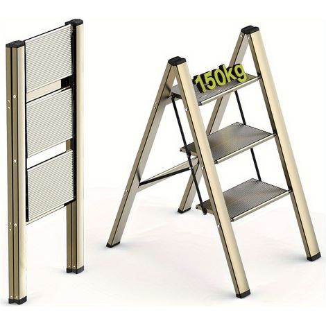 Échelle pliante 3 marches robuste, tabouret escabeau multifonction avec marches antidérapantes élargies, charge maximale 150 kg, usage maison et cuisine – Or
