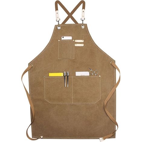 Tablier de Travail Hommes/Femme,Outil Tablier de Cuisine Sangle Ajustable Toile avec 3 Poches, Tablier d'Atelier de Menuiserie pour Barbeque Baker Menuiserie Tatoueur Barber Barman Peintre - Marron (1/5)