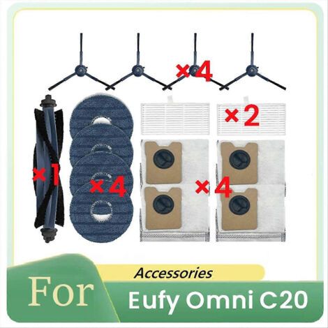 Accessoires pour robot aspirateur Eufy Omni C20 : pièces de rechange, brosse principale, filtre de nettoyage.