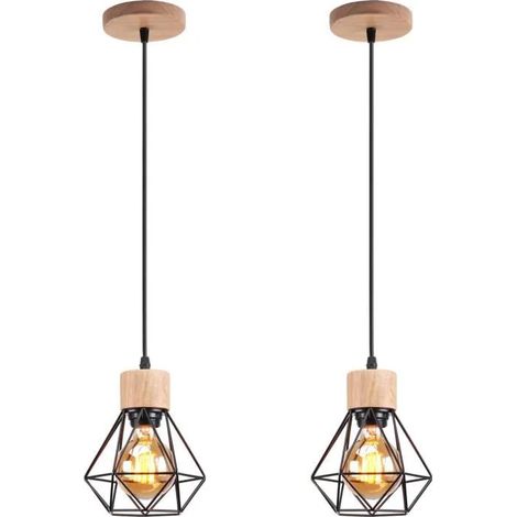 Lot de 2 lustres industriels, plafonniers cage en métal, suspension vintage, lampe suspendue, longueur de corde de suspension réglable (sans ampoule) (1/5)