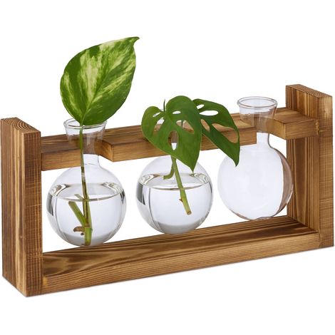 Relaxdays Vasi Vetro Decorativi, Set 3 Vasetti per Fiori ad Ampolla Rotonda, 13x28x6,5 cm, su Supporto in Legno Naturale