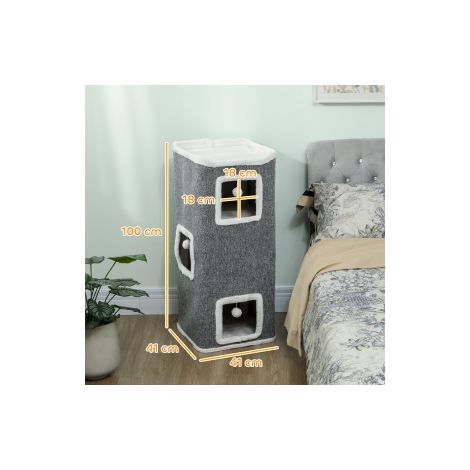 Arbre à chat gris à 4 niveaux en panneaux de particules avec 3 niches et balles de jeu pour maison et appartement (1/5)