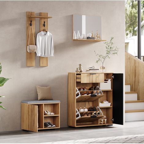 Mobile da ingresso con panca portascarpe, specchio e 2 ganci, 140 x 35 x 139 cm, naturale DESVIAE (1/5)