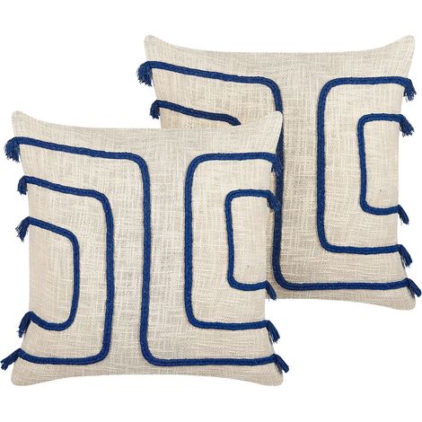 Lot de 2 Coussins Décoratifs en Coton Beige et Bleu Marine 45 x 45 cm Doux Pleione (1/5)