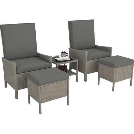 5-Piece Dark Grey Rattan Garden Furniture Set-Wicker Patio Sofa with 2 Armchairs,2 Footstools,Glass Top Coffee Table,Adjustable Backrests and Cushions