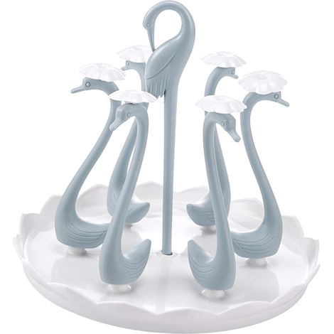 Porte-gobelet cygne avec bac d'égouttage rotatif, support/égouttoir rotatif en plastique pour la cuisine, bleu, 6 têtes (1/5)
