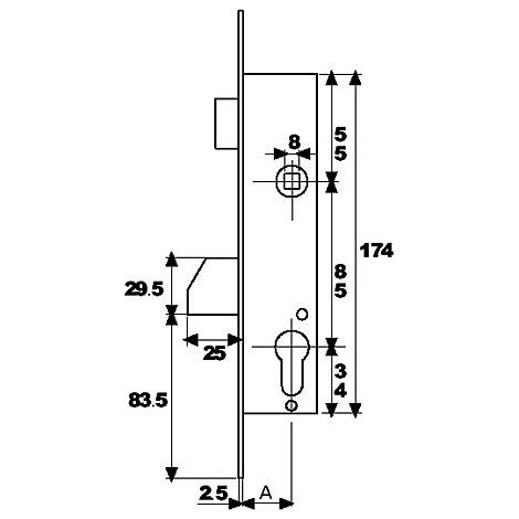 Cerradura puerta metalica serie 2210 2210-25 mm inox