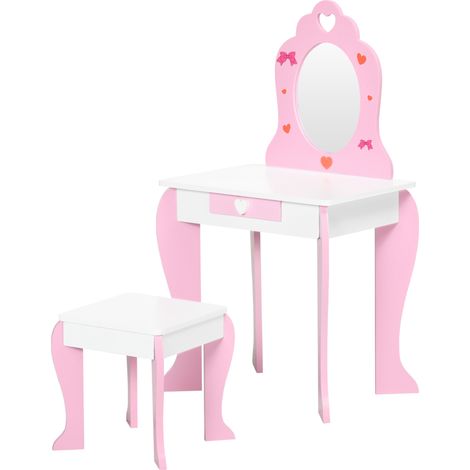 Kinderschminktisch mit Hocker, Spiegel und Schublade aus MDF, weiß und rosa, Alter 3-6 (1/5)